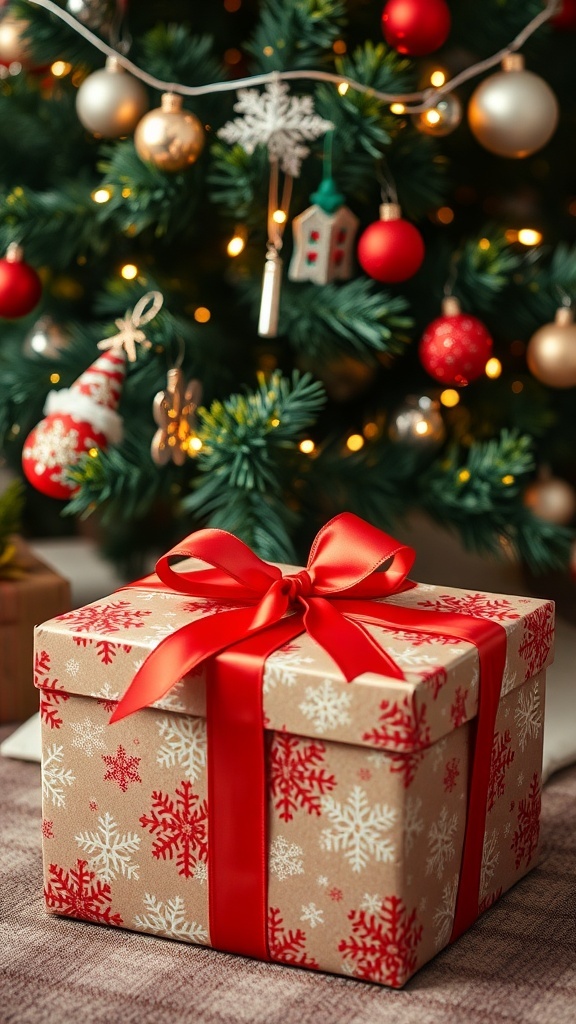 A Christmas gift wrapped in festive paper with a red ribbon under a decorated tree.